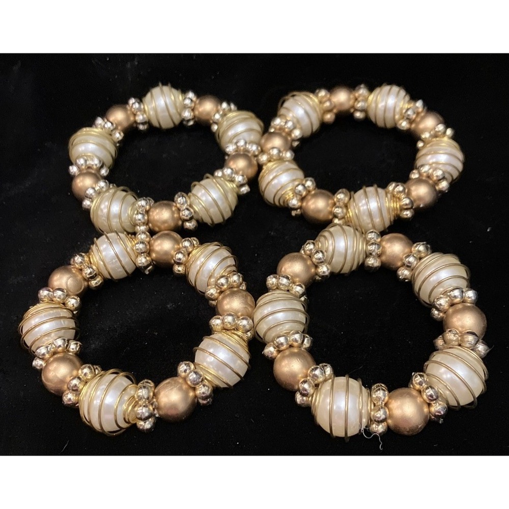 Napkin Rings Faux Pearl & Gold Tone Bead Elegant 2” Set of 4 Dinner Tableware